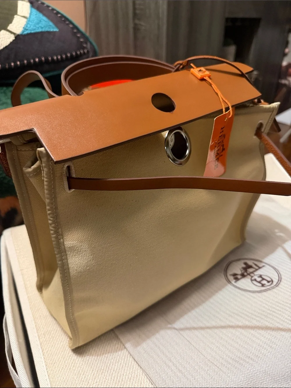 Cream Canvas and Brown Leather Top-Handle Briefcase with Silver Hardware
